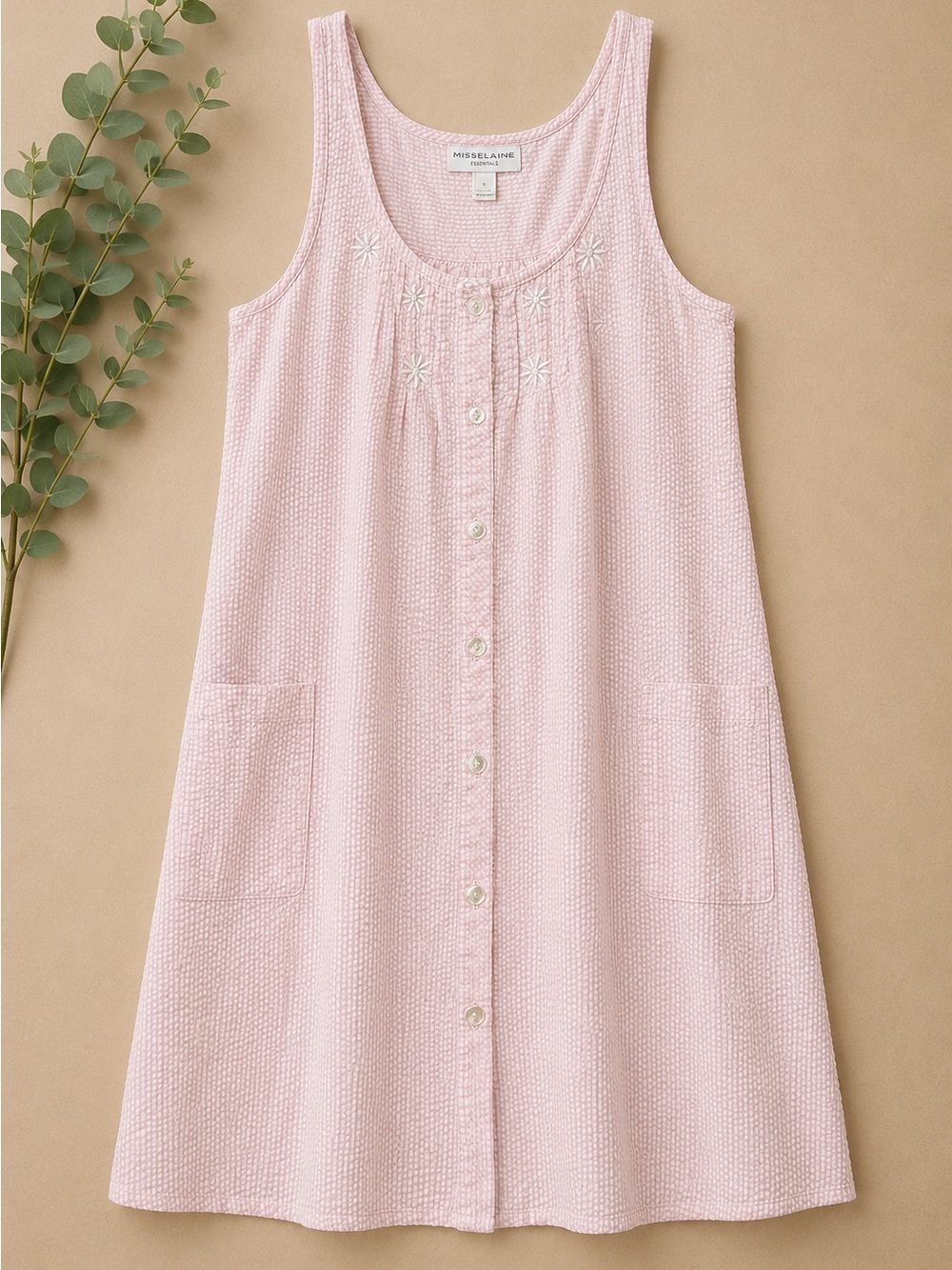 Miss Elaine Essentials Pink Seersucker Sleeveless Button Front Dress Small